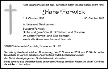 Anzeige von Hans Forwick von Kölner Stadt-Anzeiger / Kölnische Rundschau / Express