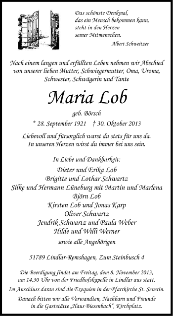 Anzeige von Maria Lob von Kölner Stadt-Anzeiger / Kölnische Rundschau / Express
