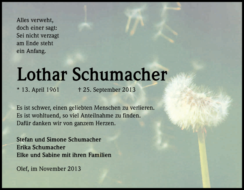  Traueranzeige für Lothar Schumacher vom 09.11.2013 aus Kölner Stadt-Anzeiger / Kölnische Rundschau / Express
