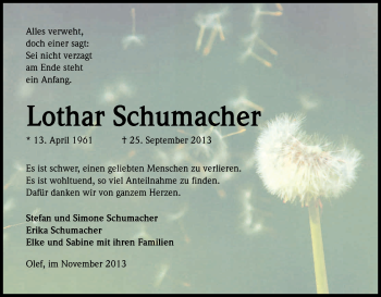 Anzeige von Lothar Schumacher von Kölner Stadt-Anzeiger / Kölnische Rundschau / Express