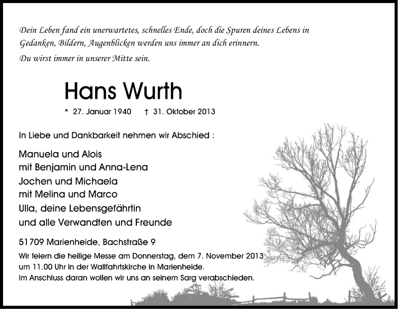  Traueranzeige für Hans Wurth vom 05.11.2013 aus Kölner Stadt-Anzeiger / Kölnische Rundschau / Express