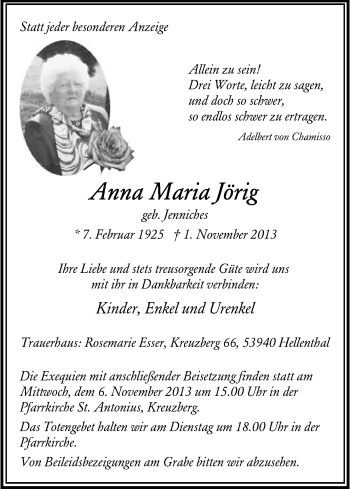 Anzeige von Anna Maria Jörig von Kölner Stadt-Anzeiger / Kölnische Rundschau / Express