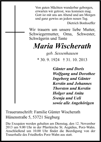 Anzeige von Maria Wischerath von Kölner Stadt-Anzeiger / Kölnische Rundschau / Express
