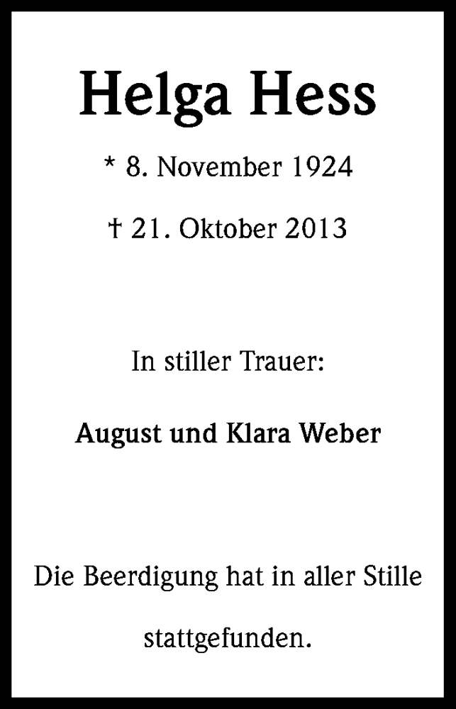  Traueranzeige für Helga Hess vom 09.11.2013 aus Kölner Stadt-Anzeiger / Kölnische Rundschau / Express