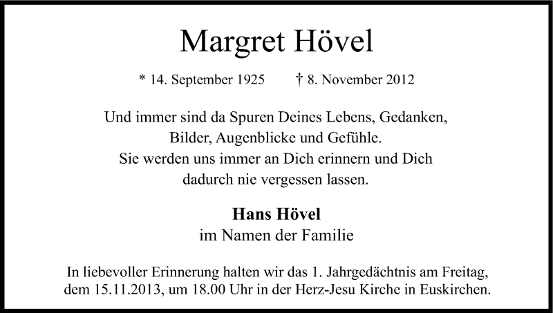  Traueranzeige für Margret Hövel vom 08.11.2013 aus Kölner Stadt-Anzeiger / Kölnische Rundschau / Express