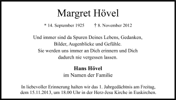 Anzeige von Margret Hövel von Kölner Stadt-Anzeiger / Kölnische Rundschau / Express