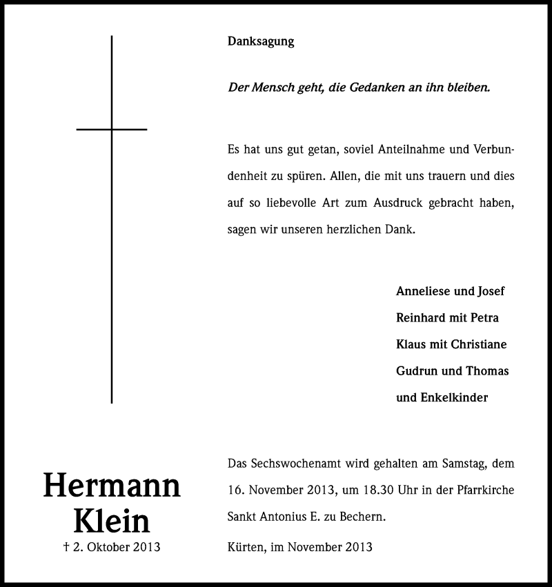  Traueranzeige für Hermann Klein vom 09.11.2013 aus Kölner Stadt-Anzeiger / Kölnische Rundschau / Express