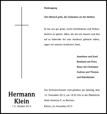 Anzeige von Hermann Klein von Kölner Stadt-Anzeiger / Kölnische Rundschau / Express