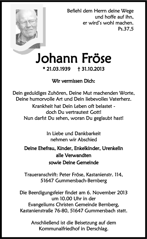  Traueranzeige für Johann Fröse vom 05.11.2013 aus Kölner Stadt-Anzeiger / Kölnische Rundschau / Express