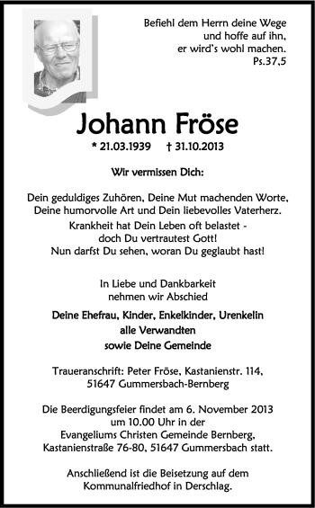 Anzeige von Johann Fröse von Kölner Stadt-Anzeiger / Kölnische Rundschau / Express