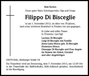 Anzeige von Filippo Di Bisceglie von Kölner Stadt-Anzeiger / Kölnische Rundschau / Express