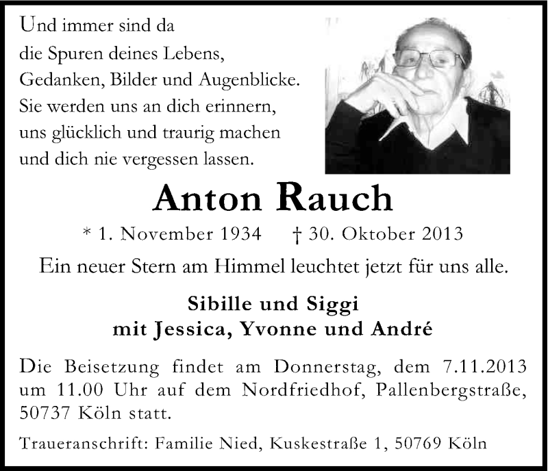  Traueranzeige für Anton Rauch vom 05.11.2013 aus Kölner Stadt-Anzeiger / Kölnische Rundschau / Express