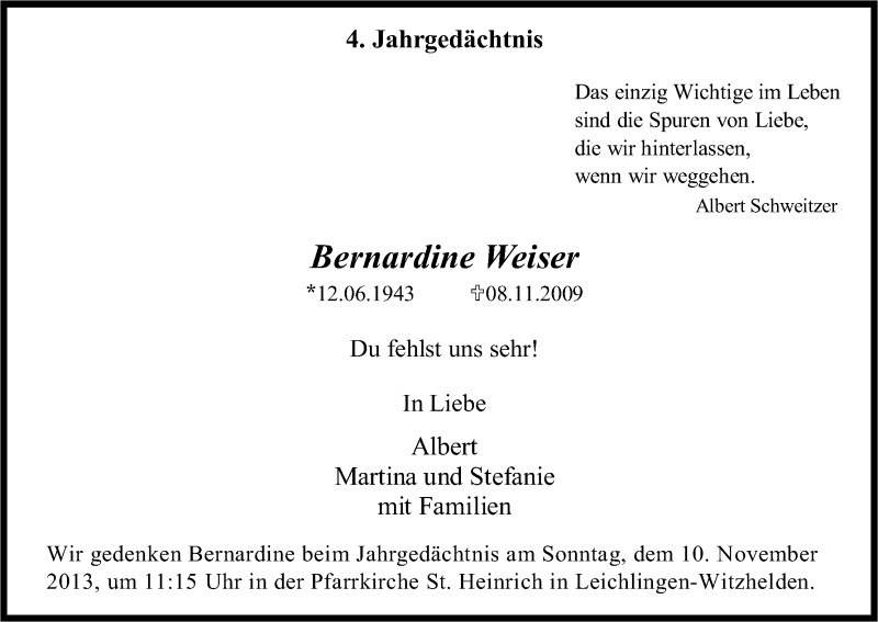  Traueranzeige für Bernardine Weiser vom 08.11.2013 aus Kölner Stadt-Anzeiger / Kölnische Rundschau / Express