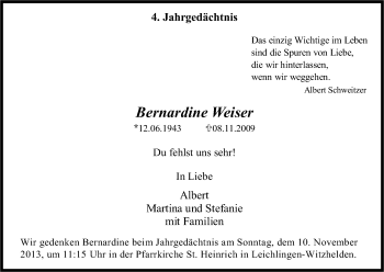 Anzeige von Bernardine Weiser von Kölner Stadt-Anzeiger / Kölnische Rundschau / Express