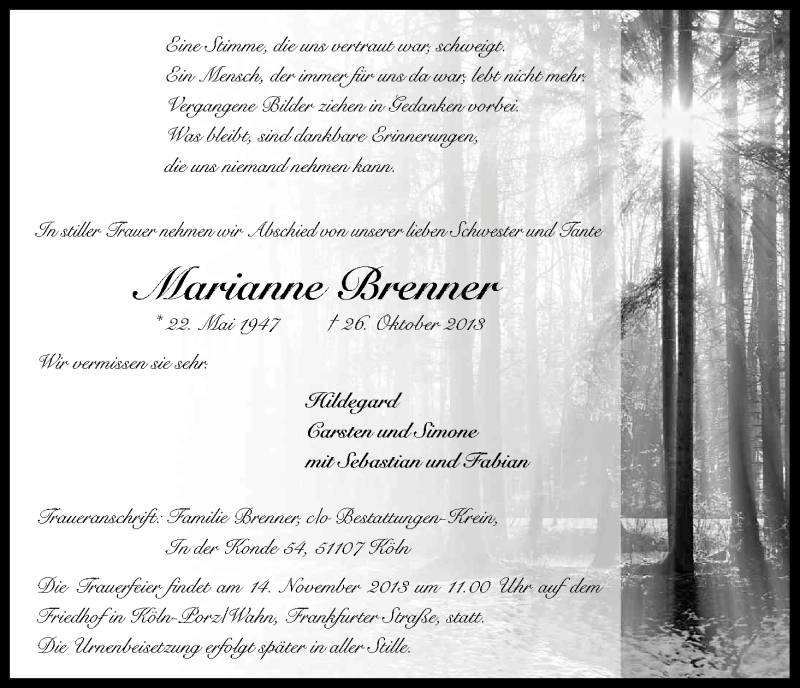  Traueranzeige für Marianne Brenner vom 09.11.2013 aus Kölner Stadt-Anzeiger / Kölnische Rundschau / Express