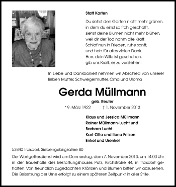 Anzeige von Gerda Müllmann von Kölner Stadt-Anzeiger / Kölnische Rundschau / Express