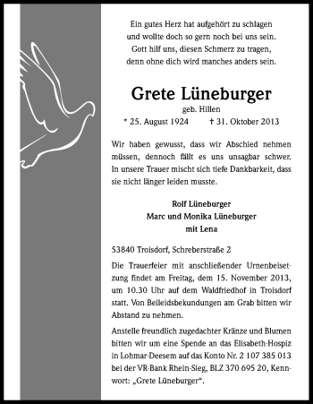 Anzeige von Grete Lüneburger von Kölner Stadt-Anzeiger / Kölnische Rundschau / Express