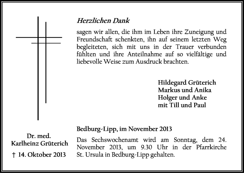  Traueranzeige für Karlheinz Grüterich vom 16.11.2013 aus Kölner Stadt-Anzeiger / Kölnische Rundschau / Express