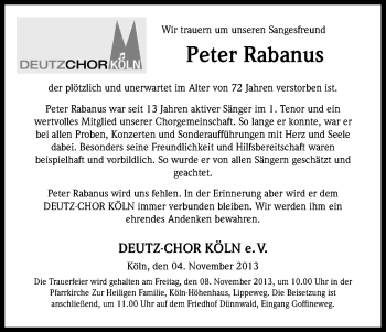 Anzeige von Peter Rabanus von Kölner Stadt-Anzeiger / Kölnische Rundschau / Express