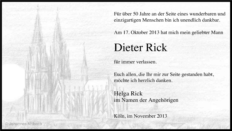  Traueranzeige für Dieter Rick vom 09.11.2013 aus Kölner Stadt-Anzeiger / Kölnische Rundschau / Express