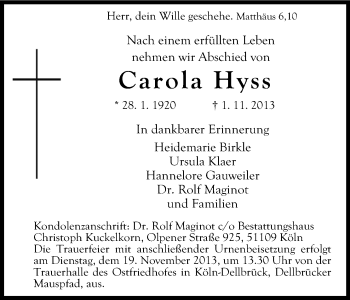 Anzeige von Carola Hyss von Kölner Stadt-Anzeiger / Kölnische Rundschau / Express