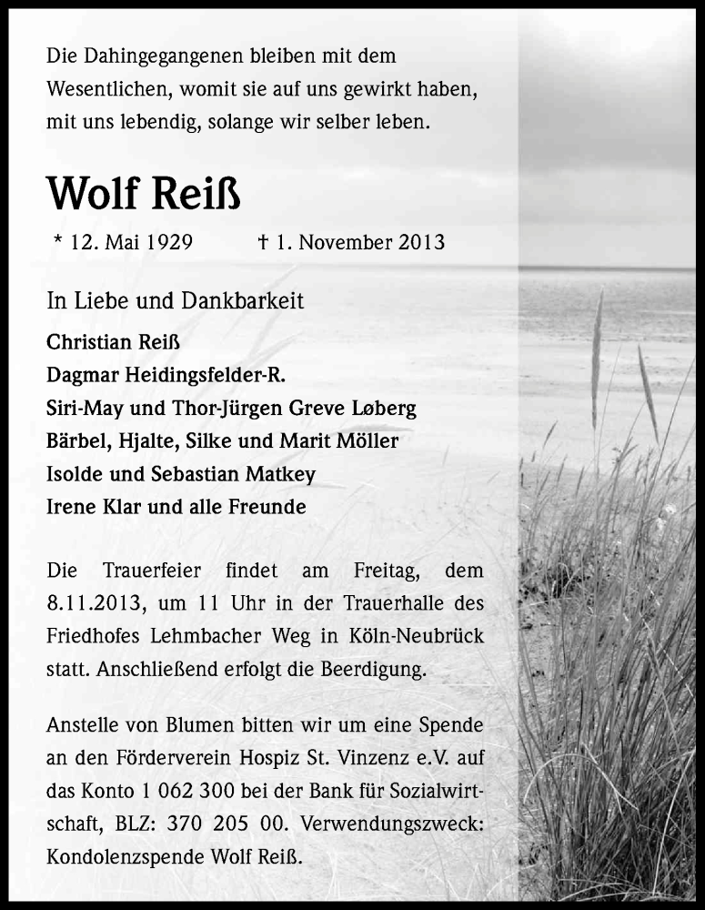  Traueranzeige für Wolf Reiß vom 06.11.2013 aus Kölner Stadt-Anzeiger / Kölnische Rundschau / Express