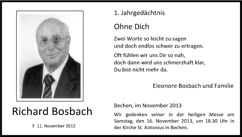  Traueranzeige für Richard Bosbach vom 11.11.2013 aus Kölner Stadt-Anzeiger / Kölnische Rundschau / Express