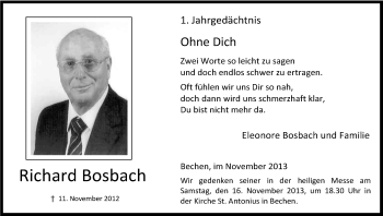 Anzeige von Richard Bosbach von Kölner Stadt-Anzeiger / Kölnische Rundschau / Express
