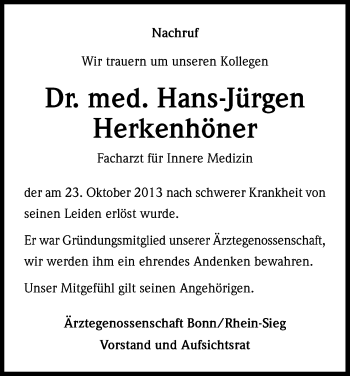 Anzeige von Hans-Jürgen Herkenhöner von Kölner Stadt-Anzeiger / Kölnische Rundschau / Express