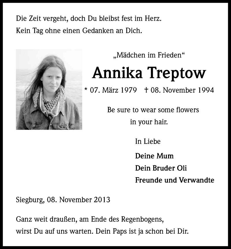  Traueranzeige für Annika Treptow vom 08.11.2013 aus Kölner Stadt-Anzeiger / Kölnische Rundschau / Express