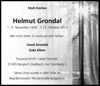 Anzeige von Helmut Grondal von Kölner Stadt-Anzeiger / Kölnische Rundschau / Express