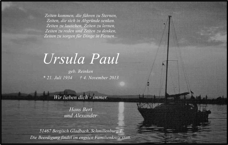  Traueranzeige für Ursula Paul vom 09.11.2013 aus Kölner Stadt-Anzeiger / Kölnische Rundschau / Express