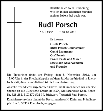 Anzeige von Rudi Porsch von Kölner Stadt-Anzeiger / Kölnische Rundschau / Express