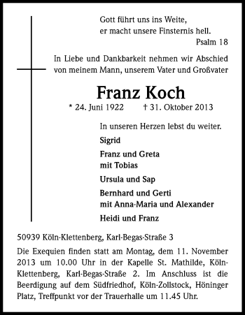 Anzeige von Franz Koch von Kölner Stadt-Anzeiger / Kölnische Rundschau / Express