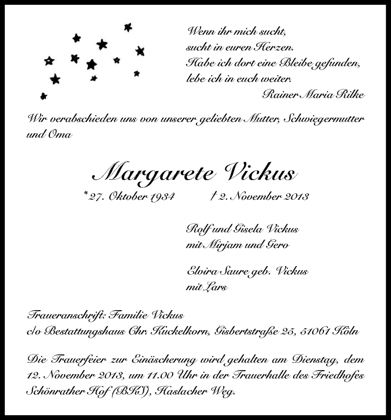  Traueranzeige für Margarete Vickus vom 06.11.2013 aus Kölner Stadt-Anzeiger / Kölnische Rundschau / Express