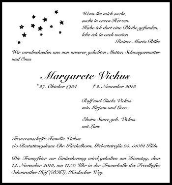 Anzeige von Margarete Vickus von Kölner Stadt-Anzeiger / Kölnische Rundschau / Express