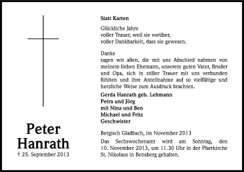 Anzeige von Peter Hanrath von Kölner Stadt-Anzeiger / Kölnische Rundschau / Express