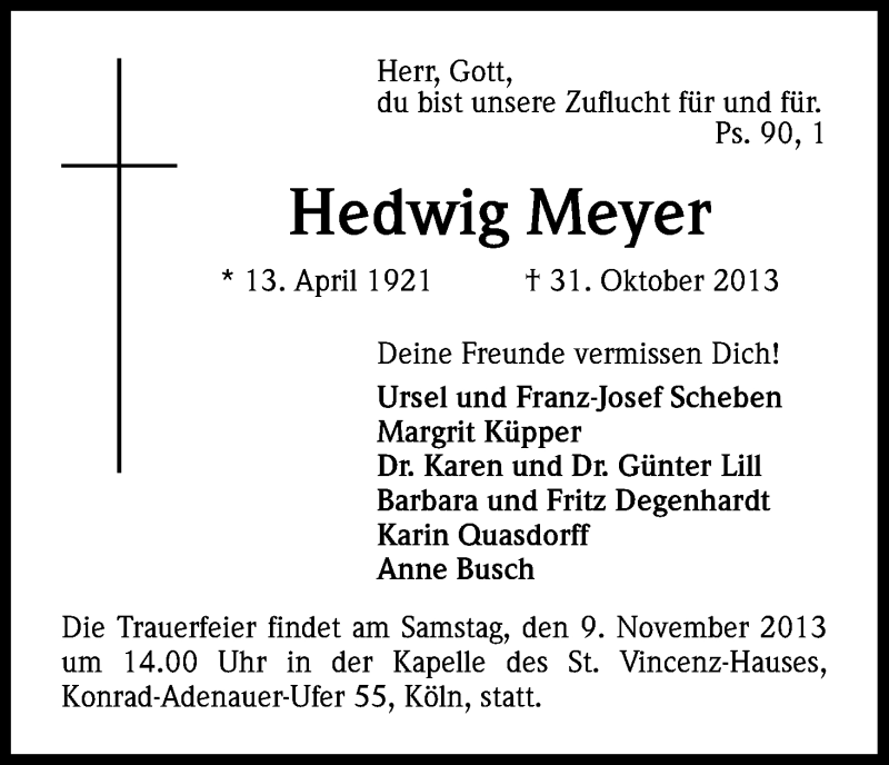  Traueranzeige für Hedwig Meyer vom 06.11.2013 aus Kölner Stadt-Anzeiger / Kölnische Rundschau / Express