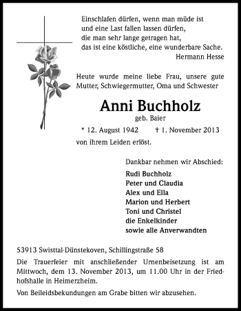 Anzeige von Anni Buchholz von Kölner Stadt-Anzeiger / Kölnische Rundschau / Express