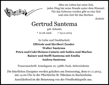 Anzeige von Gertrud Santema von Kölner Stadt-Anzeiger / Kölnische Rundschau / Express
