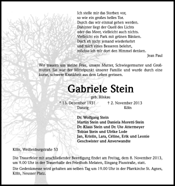 Anzeige von Gabriele Stein von Kölner Stadt-Anzeiger / Kölnische Rundschau / Express