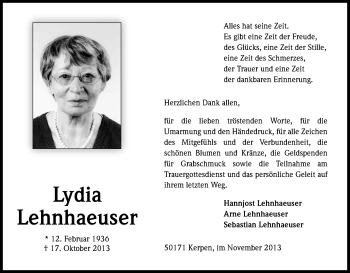 Anzeige von Lydia Lehnhaeuser von Kölner Stadt-Anzeiger / Kölnische Rundschau / Express