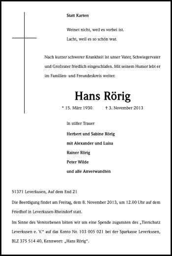 Anzeige von Hans Rörig von Kölner Stadt-Anzeiger / Kölnische Rundschau / Express