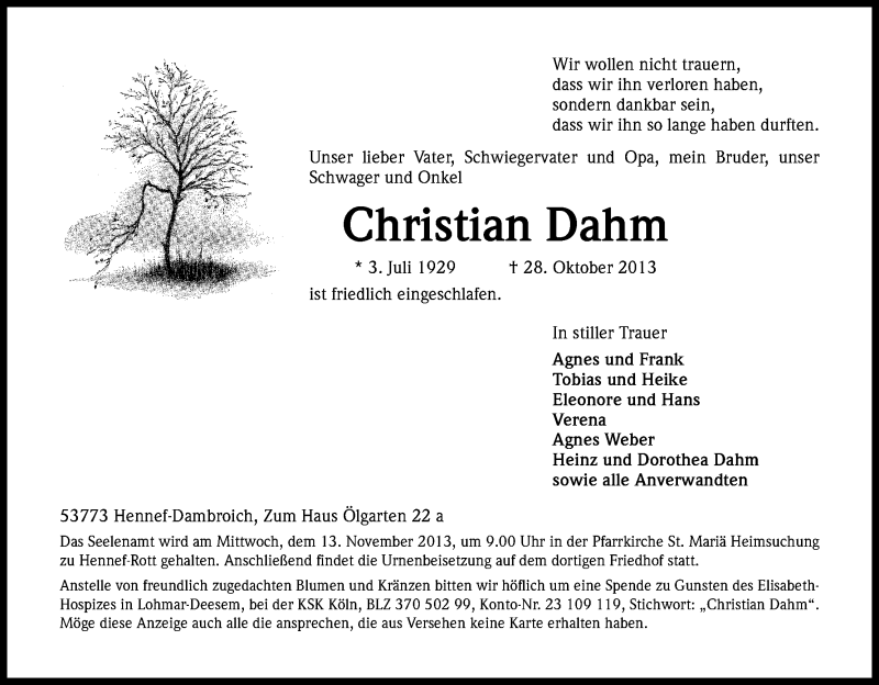  Traueranzeige für Christian Dahm vom 06.11.2013 aus Kölner Stadt-Anzeiger / Kölnische Rundschau / Express