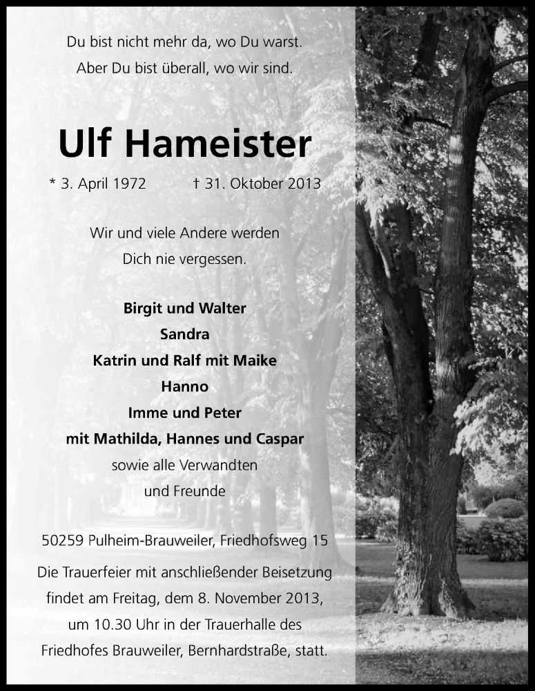  Traueranzeige für Ulf Hameister vom 06.11.2013 aus Kölner Stadt-Anzeiger / Kölnische Rundschau / Express