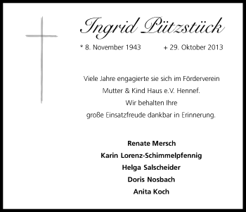Anzeige von Ingrid Pützstück von Kölner Stadt-Anzeiger / Kölnische Rundschau / Express