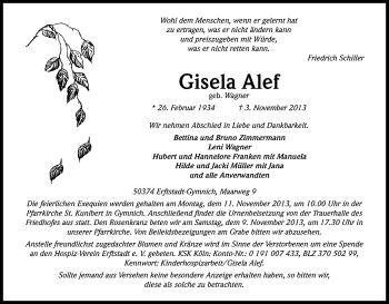 Anzeige von Gisela Alef von Kölner Stadt-Anzeiger / Kölnische Rundschau / Express