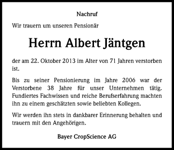 Anzeige von Albert Jäntgen von Kölner Stadt-Anzeiger / Kölnische Rundschau / Express