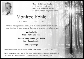Anzeige von Manfred Pohle von Kölner Stadt-Anzeiger / Kölnische Rundschau / Express