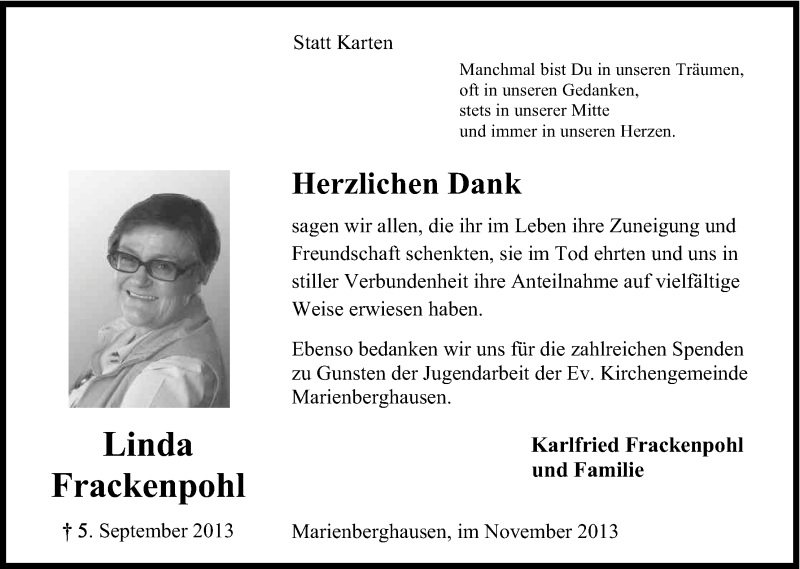  Traueranzeige für Linda Frackenpohl vom 06.11.2013 aus Kölner Stadt-Anzeiger / Kölnische Rundschau / Express